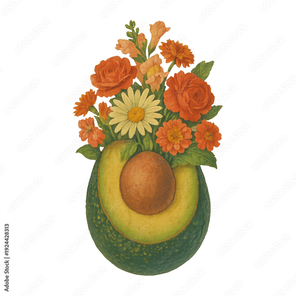 Naklejka premium PNG Avocado with vibrant floral arrangement.