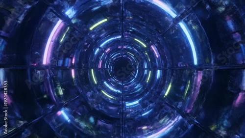 A neon-lit tunnel with layers of circles. Different colors are used to make the circles. The dark center provides the illusion of depth
