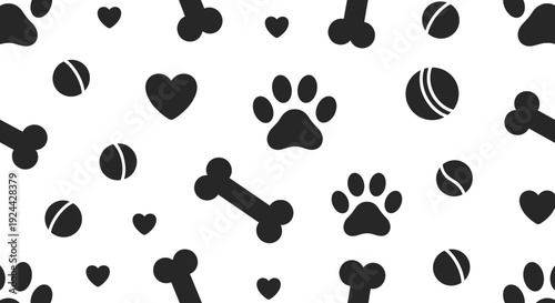 Seamless Pattern of Pet Icons Paw Prints Bones Hearts and Balls