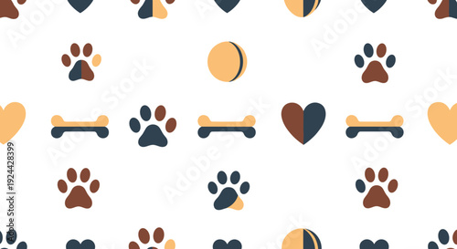 Cute Dog Paw Prints Bones Hearts and Balls Seamless Pattern on White Background