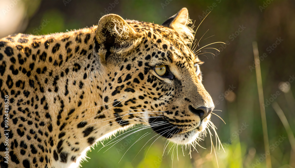 Obraz premium A captivating close-up reveals a leopard partially concealed by lush green foliage