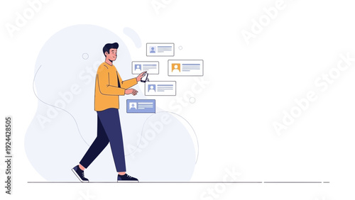 Man choosing profile online, digital selection concept, flat illustration
