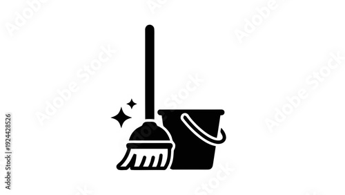 Vector illustration of cleaning tools icon mop and bucket symbol for housework and janitorial services on a transparent background