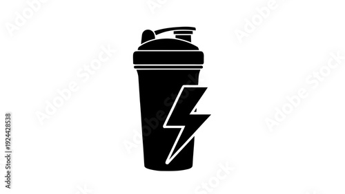 Vector illustration of black silhouette icon of a protein shaker bottle with a lightning bolt symbol on a transparent background