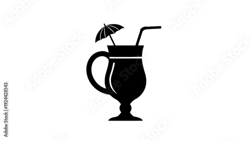 Vector illustration of tropical cocktail drink in glass with umbrella and straw icon silhouette on a transparent background