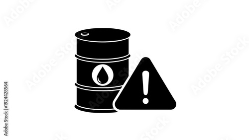 Vector illustration of oil barrel with danger warning sign icon, black and white vector illustration on a transparent background