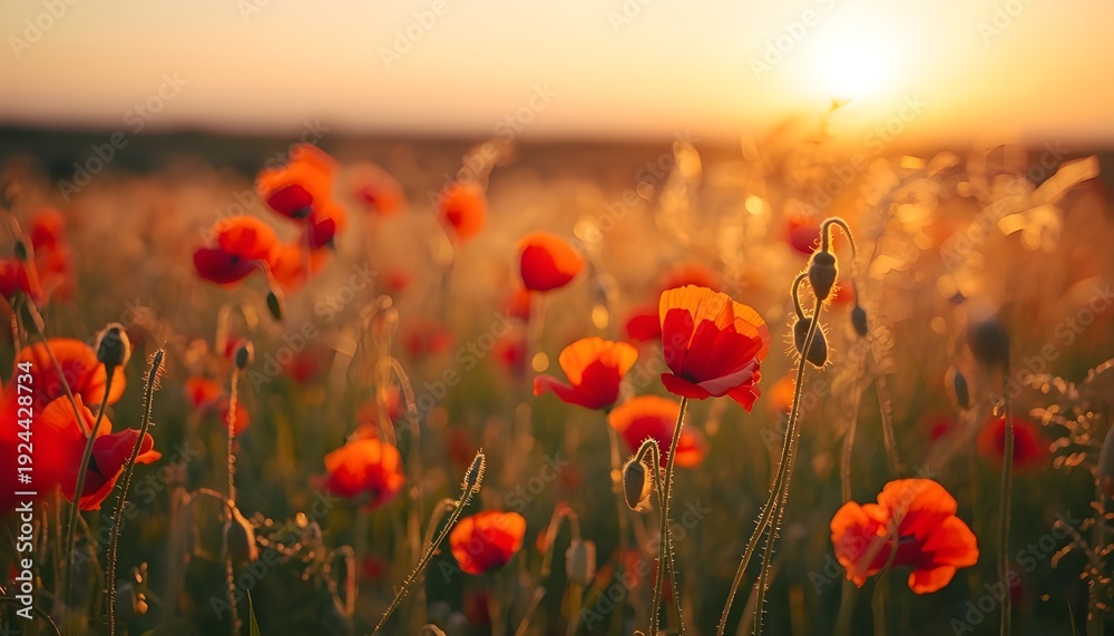 Fototapeta premium Red Poppy Flowers in Golden Hour Meadow