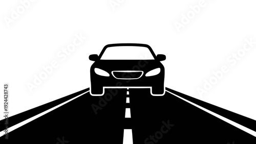 Vector illustration of black silhouette of a car driving on a road towards the viewer on a transparent background