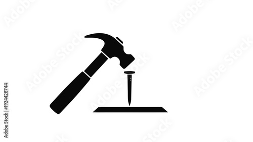 Vector illustration of claw hammer hitting a nail into wood surface on a transparent background