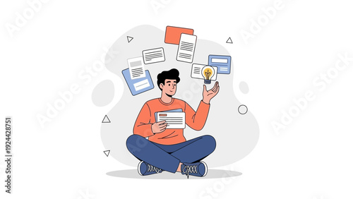 Man holding idea bulb surrounded by documents, creativity and innovation concept