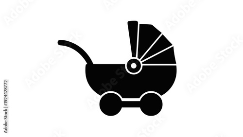 Vector illustration of black silhouette icon of a baby stroller or pram for transportation of infants on a transparent background