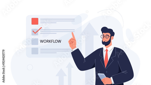 Man in suit pointing at checklist with workflow and growth arrows