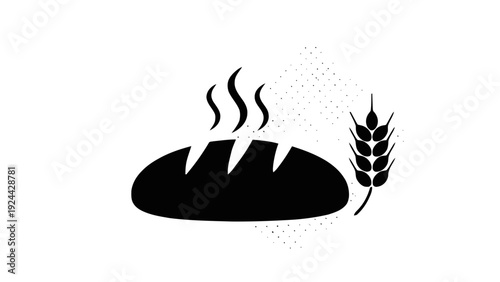 Vector illustration of black and white icon of freshly baked loaf of bread with wheat stalk on a transparent background