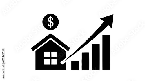 Vector illustration of black icon of a house with a growing graph and dollar sign on on a transparent background