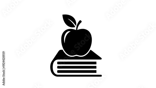 Vector illustration of black silhouette of an apple sitting on top of a book on a transparent background