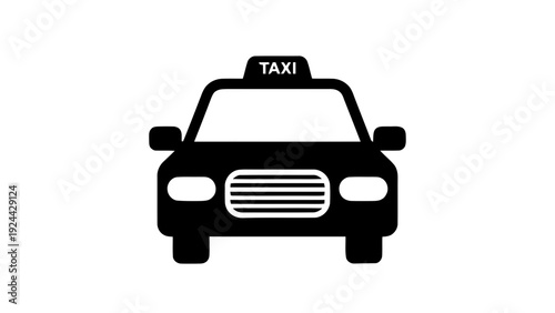 Vector illustration of black silhouette of a taxi cab front view icon or symbol on a transparent background