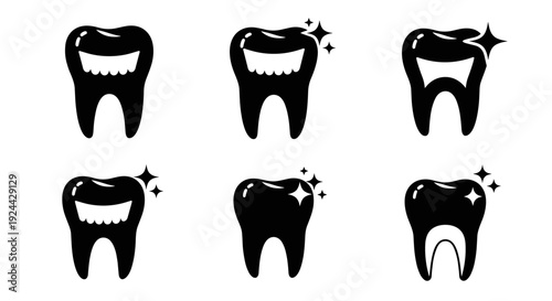 Black Tooth Icons With Sparkle And Smile Graphics