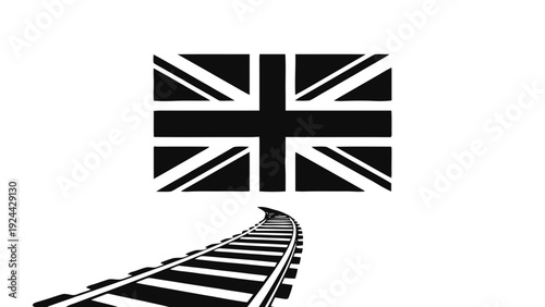 Vector illustration of black and white union jack flag above curved railway track on a transparent background