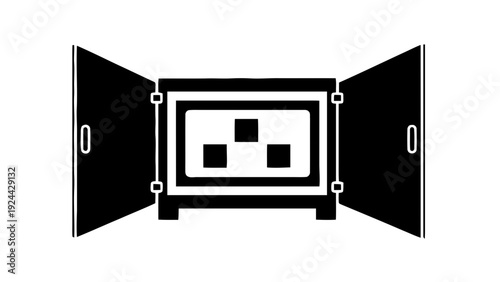 Vector illustration of open safe or strongbox icon with three squares inside, black silhouette on a transparent background