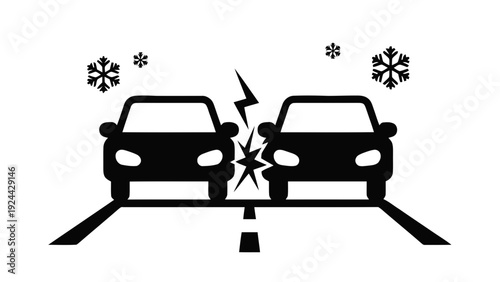 Vector illustration of two cars colliding headon during winter weather conditions icon on a transparent background