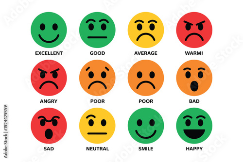 Emoji feedback icon set, bar indicator from bad to good, happy, neutral, sad, angry faces, customer review vector illustration.