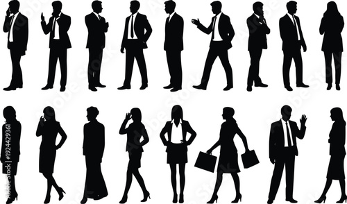 Business people silhouettes big set, men and women in different poses, corporate professionals collection isolated vector illustration on white background