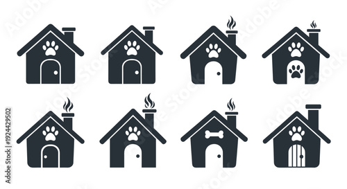 Set of House Icons with Paw Prints and Pet Symbols