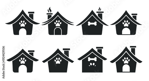 Collection of Dog House Icons with Paw Prints and Bones