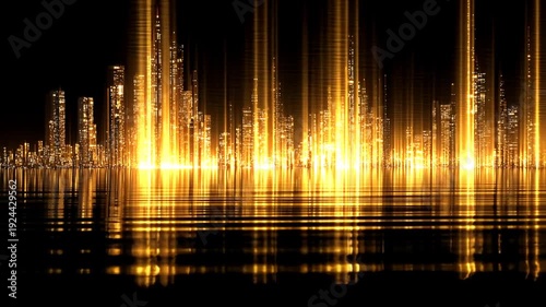 Golden cityscape lights reflected on water