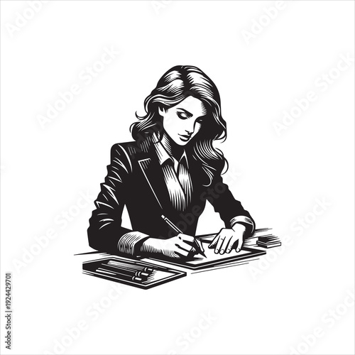 A woman in a business suit sits at a desk, creating a vector illustration with a pen on a graphics tablet on a clean white background.