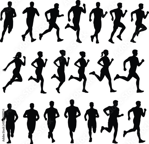 Running People Silhouettes Collection, Men and Women Jogging Isolated on White Background, Fitness Workout, Marathon Training, Active Lifestyle Vector Style Illustration Set
