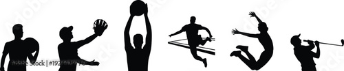 Sports silhouettes collection, athletes playing baseball, basketball, skiing, jumping and golf, dynamic black vector illustration isolated on white background for active lifestyle design