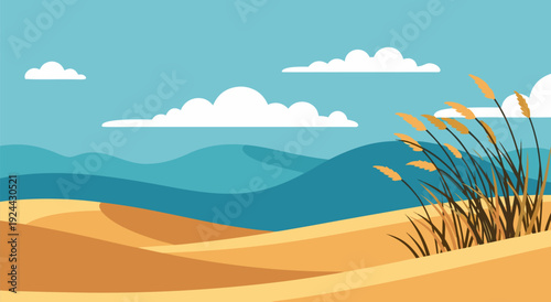 Serene Desert Dunes with Blue Sky and Yellow Plants Vector Illustration in Vibrant Landscape