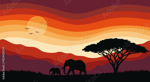 Serene African Savanna at Sunset with Elephants in a Vibrant Vector Illustration