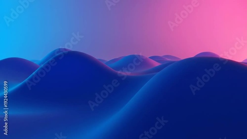 A vibrant abstract landscape features softly undulating shapes. The color palette transitions from blue to pink, creating depth