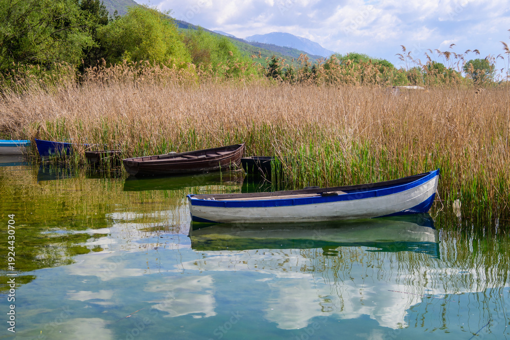 Obraz premium Small wooden boats rest among tall, dry reeds on the calm, clear waters of Lake Ohrid. Lush green hills and distant mountains frame the serene natural landscape under a bright, partly cloudy sky.