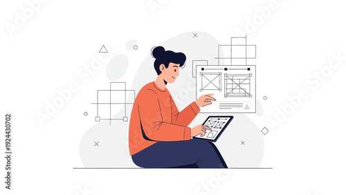 Woman designer working on digital tablet with wireframes and blueprints
