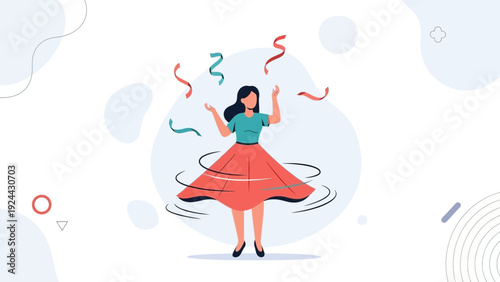 Woman Dancing and Spinning with Confetti, Celebration and Joyful Movement