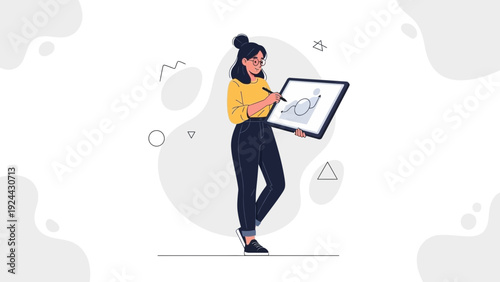 Woman Digital Artist Drawing on Tablet, Creative Process, Graphic Design