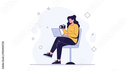 Woman freelancer with laptop and camera working remotely, creative professional