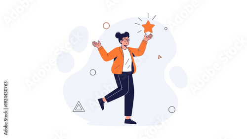 Woman holding glowing star, achieving success, celebrating goal, abstract background