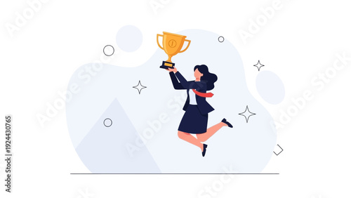 Woman in business suit jumping with trophy, celebrating success and achievement