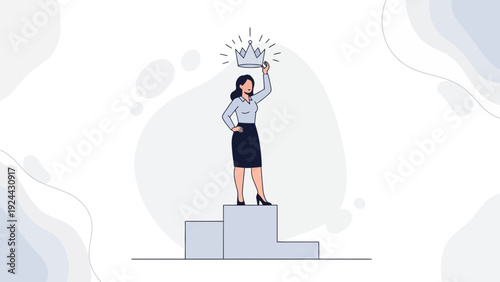 Woman on Podium Holding Crown, Symbolizing Success, Leadership, and Achievement