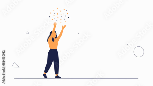 Woman Reaching for Falling Confetti Stars with Geometric Shapes