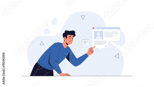 Man interacting with online profile and chat interface, digital communication concept