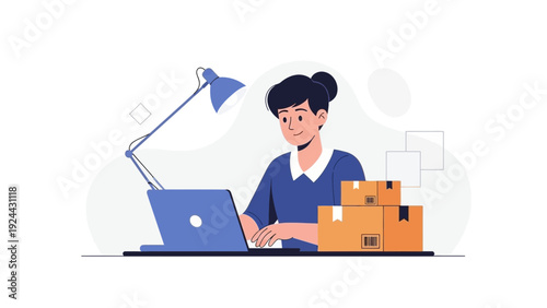 Woman working on laptop with boxes, e-commerce and delivery service concept