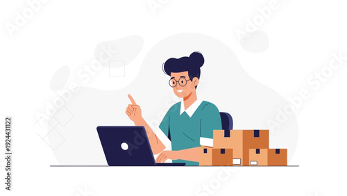 Woman working on laptop with delivery boxes, online business concept