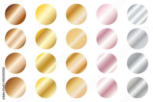 Round metallic foil texture silver, steel, chrome, gold, platinum, copper, bronze, pink gold gradient swatches set. Shiny metallic collection graphic design on white bg, vector collection