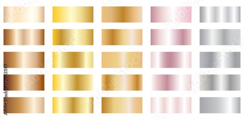 Metallic foil texture silver, steel, chrome, gold, platinum, copper, bronze, pink gold gradient swatches. Shiny metallic collection graphic design on white bg, vector collection