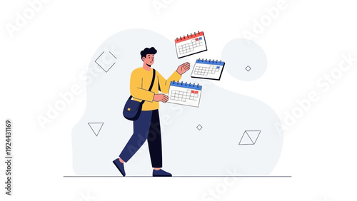 Man juggling calendars, representing time management, planning, deadlines, and appointments.